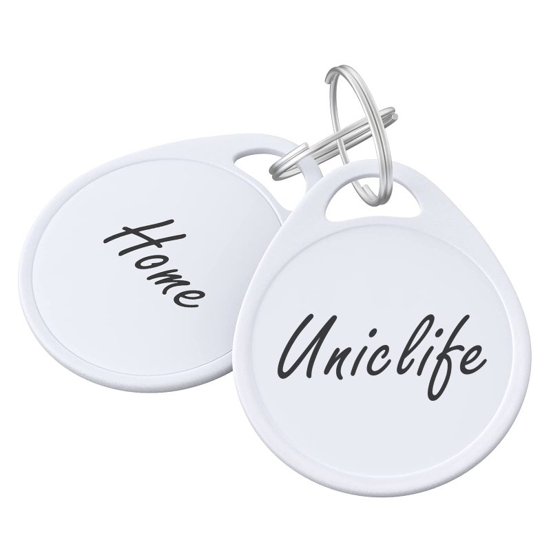 Uniclife 1.5 Inch Tough Plastic Key Tags Sturdy Round White Item Identifiers with Blank Paper Label Stickers and Split Rings, 50 Pack - Image 1